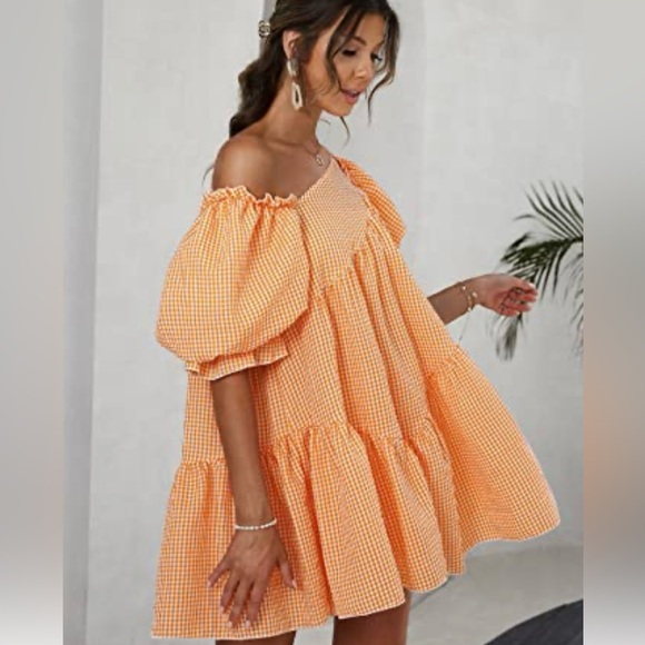 Orange & White Gingham Asymmetrical Neck Puff Sleeve Ruffle Hem Smock Dress - Picture 3 of 6